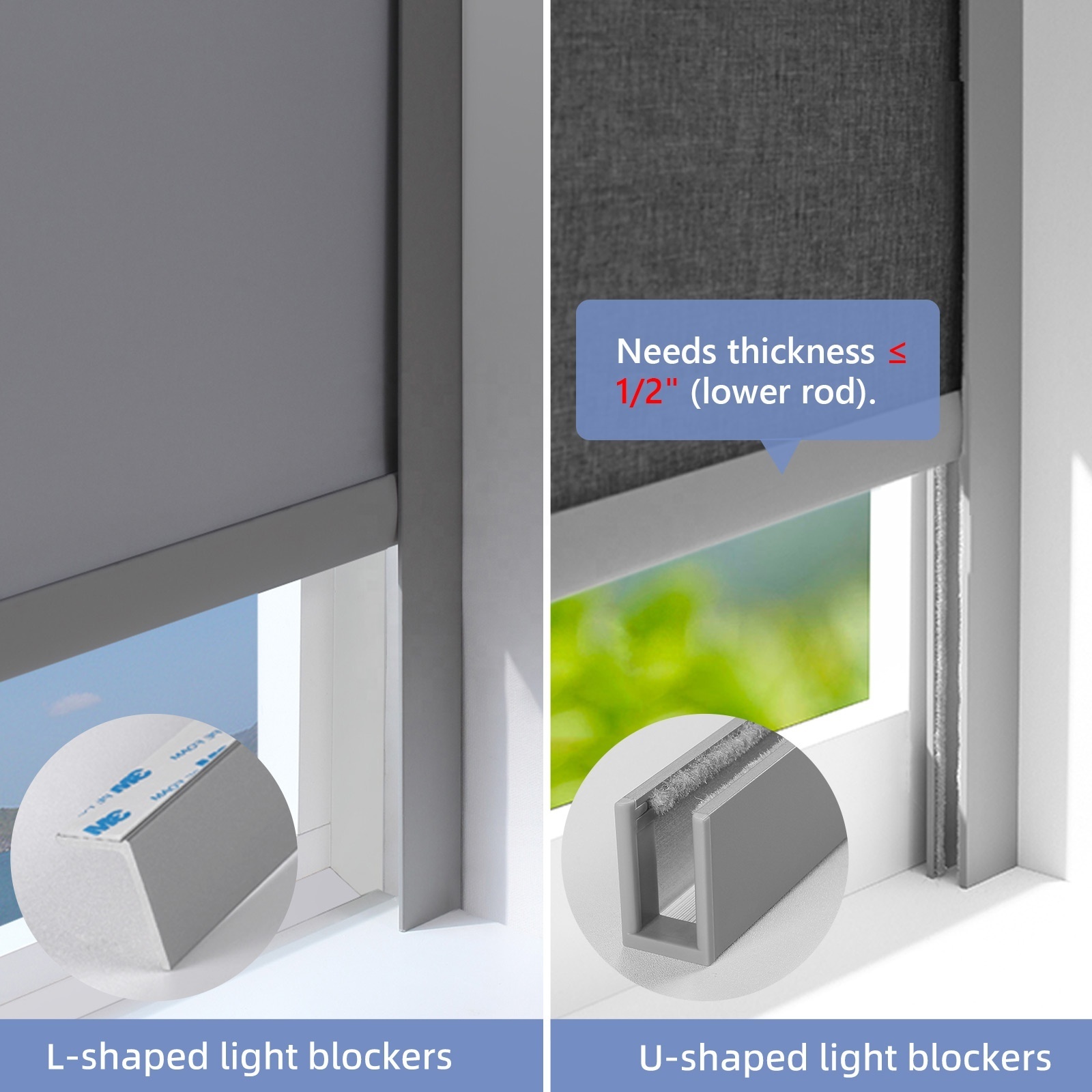 ZSTARR U Channel 100% Blackout Light Blockers Aluminium Alloy Light Blocking Strips for Roller Blinds Light Gap Blockers Window