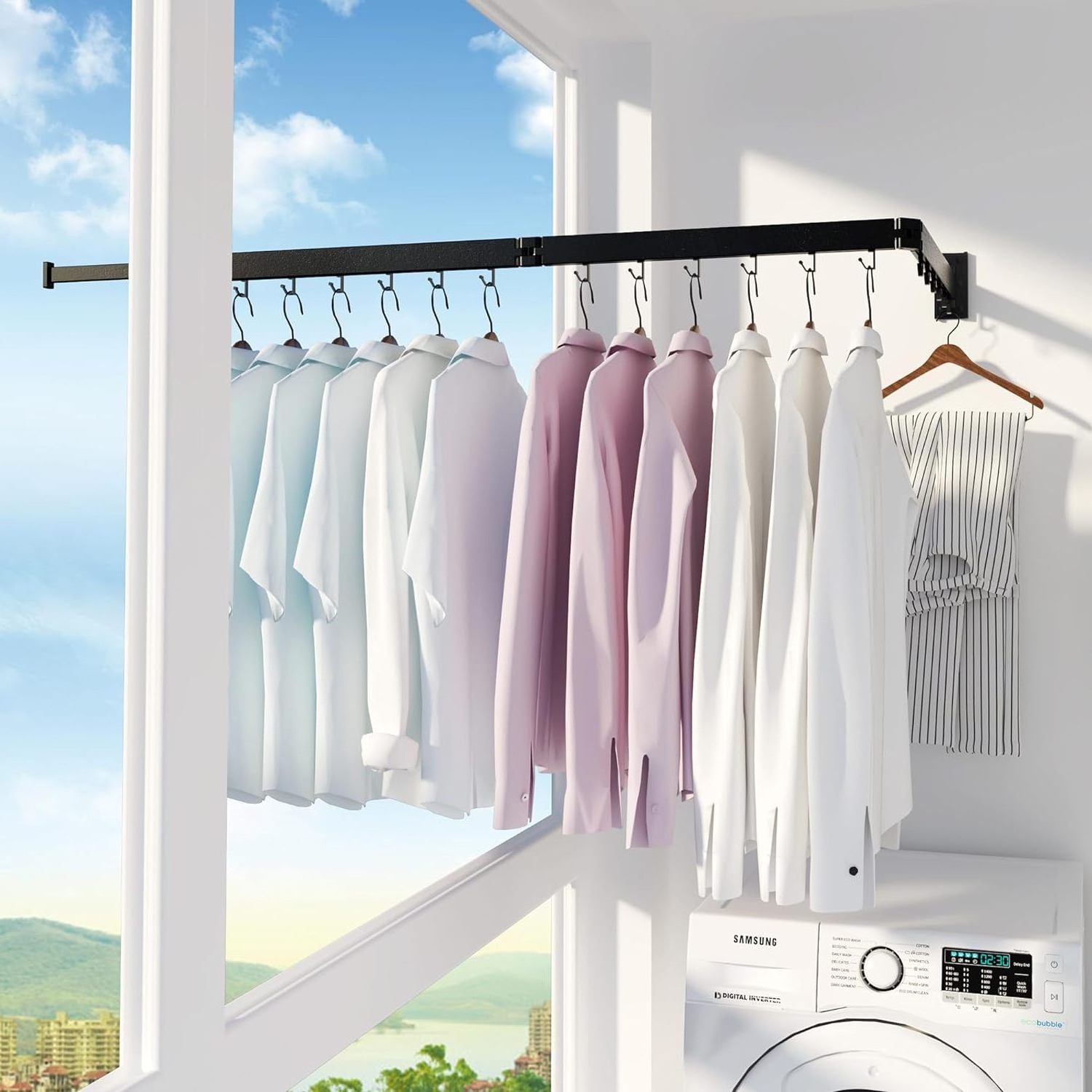 Laundry Space Saver Wall Mounted Retractable Collapsible Clothes Drying Rack