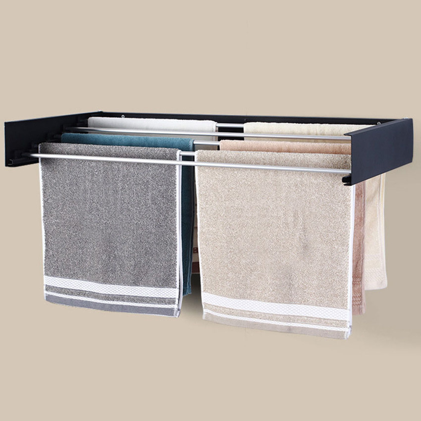 2023 New design household foldable wall mounted clothes towel drying black towel and bath towel retractable rack drying rack