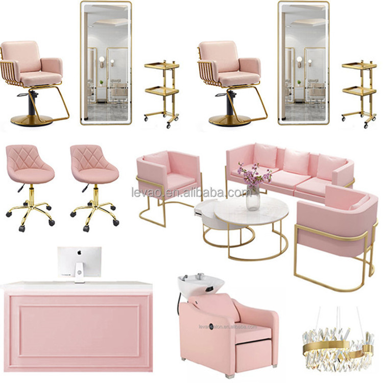 Pink hair styling mirror station shampoo chair hairdressing chairs beauty salon furniture package