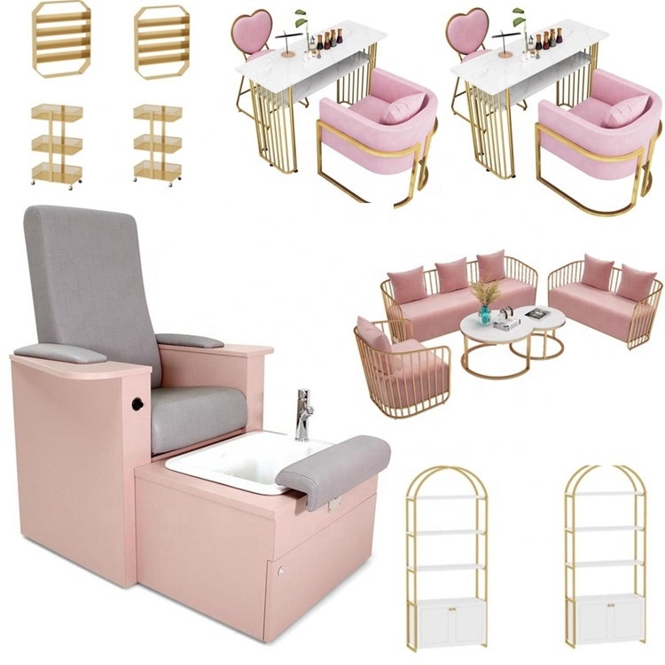 Barbershop Salon Makeup Stylish Hairdressing Barber Chairs Mirror Set Nail Table Pink Salon Furniture Set