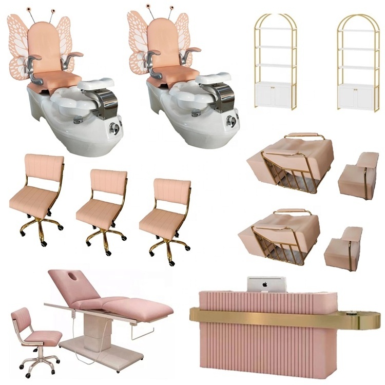 Barbershop Salon Makeup Stylish Hairdressing Barber Chairs Mirror Set Nail Table Pink Salon Furniture Set