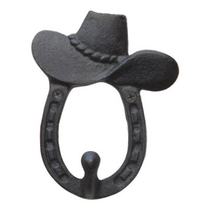 Wholesale Iron Wall Decor Western Cast Iron cowboy Hat hooks with Horseshoe Coat Hanger Wall Mounted Black Hook Rack for Home