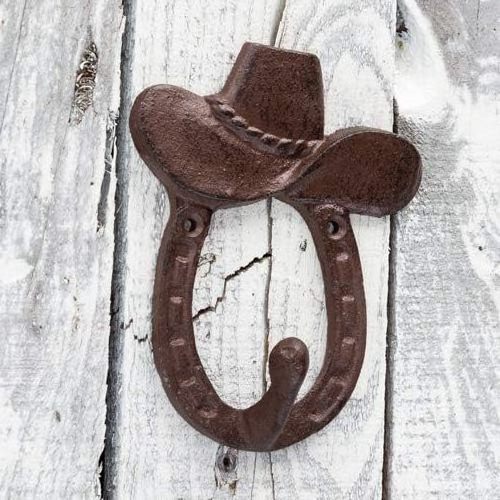 Wholesale Iron Wall Decor Western Cast Iron cowboy Hat hooks with Horseshoe Coat Hanger Wall Mounted Black Hook Rack for Home