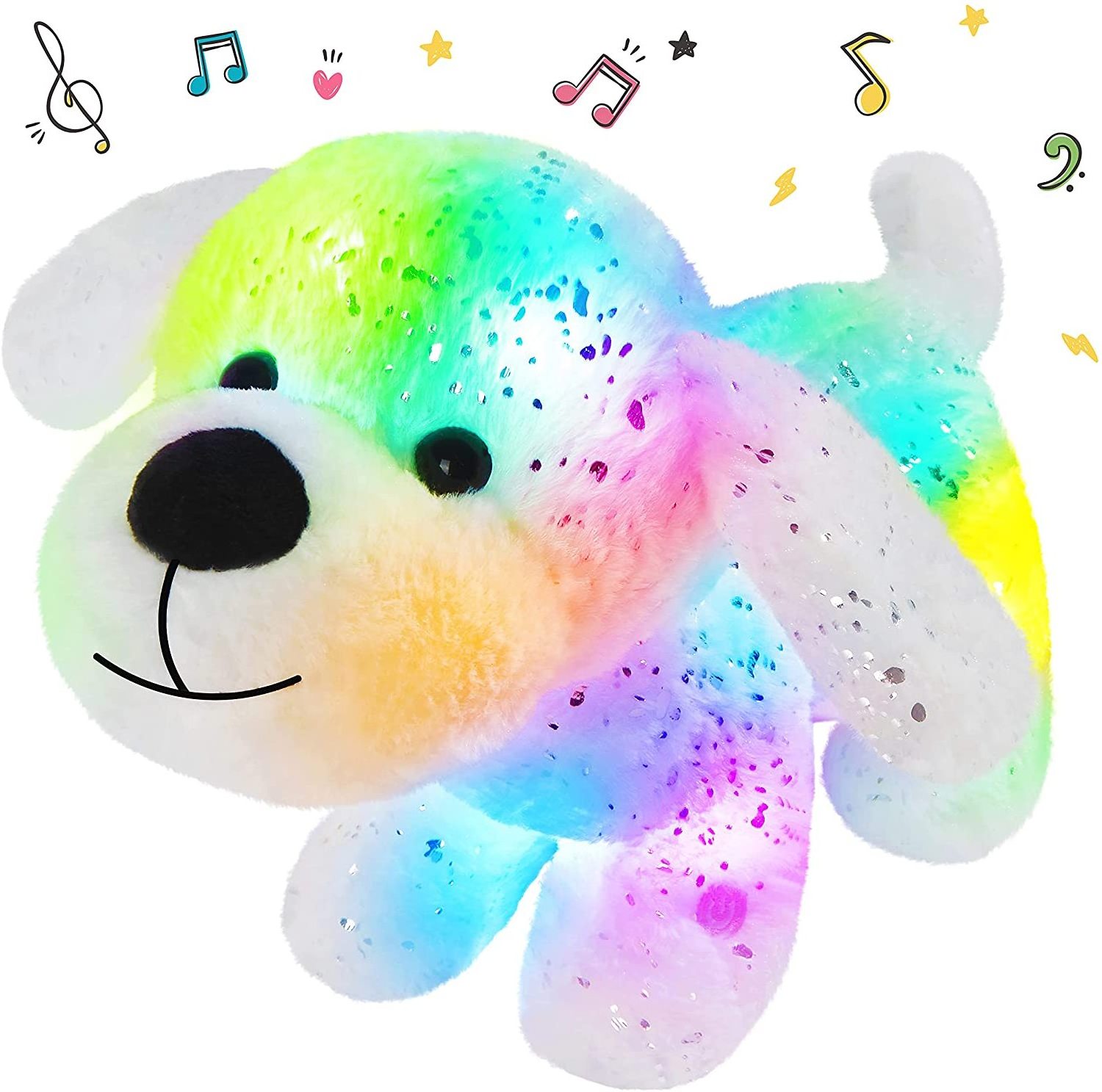 Custom Music Light up Stuffed White Dog Glittering Puppy Soft Plush Toy LED Singing Stuffed Animals with Colorful Night Lights