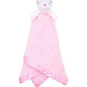 Custom Sweet Cat Stuffed Animal Adorable Pink Snuggle Baby Blanket; Fluffy Fleece with Attached Plush Toy