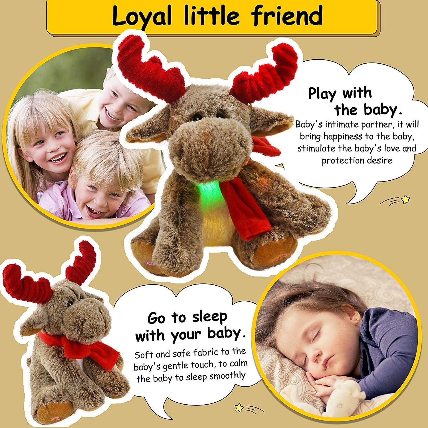 Custom LED Musical Reindeer Christmas Stuffed Animal Creative Singing Night Light Up Colorful Cute Elk Plush Soft Lovely Toy