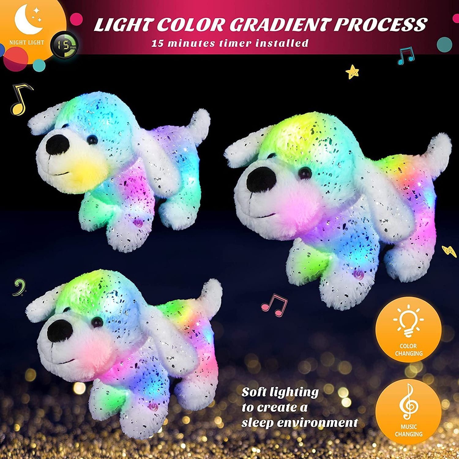 Custom Music Light up Stuffed White Dog Glittering Puppy Soft Plush Toy LED Singing Stuffed Animals with Colorful Night Lights