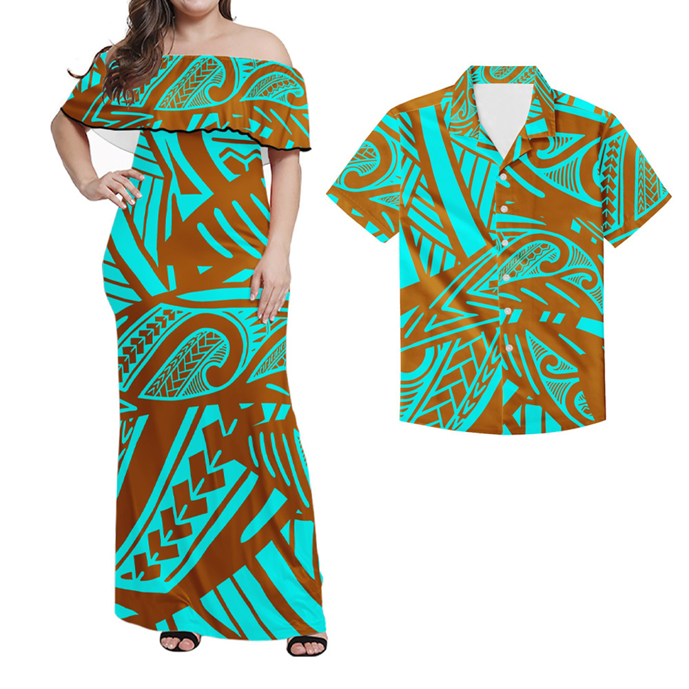 Polynesian Hawaiian Tribal Design Printed Women Ruffle Off Shoulder Dress Match Men Shirts Fashion Couple Clothing