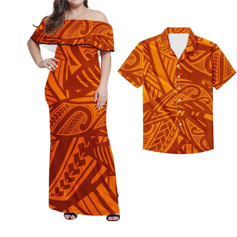 Polynesian Hawaiian Tribal Design Printed Women Ruffle Off Shoulder Dress Match Men Shirts Fashion Couple Clothing