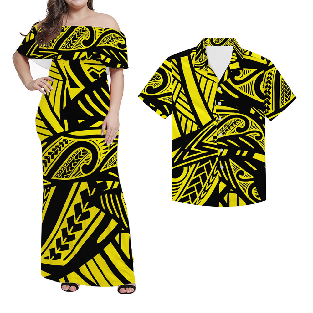 Polynesian Hawaiian Tribal Design Printed Women Ruffle Off Shoulder Dress Match Men Shirts Fashion Couple Clothing