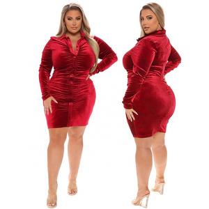 Latest office dress long-sleeve cardigan button shirt office dresses women daily korean velvet red pleated dress plus size