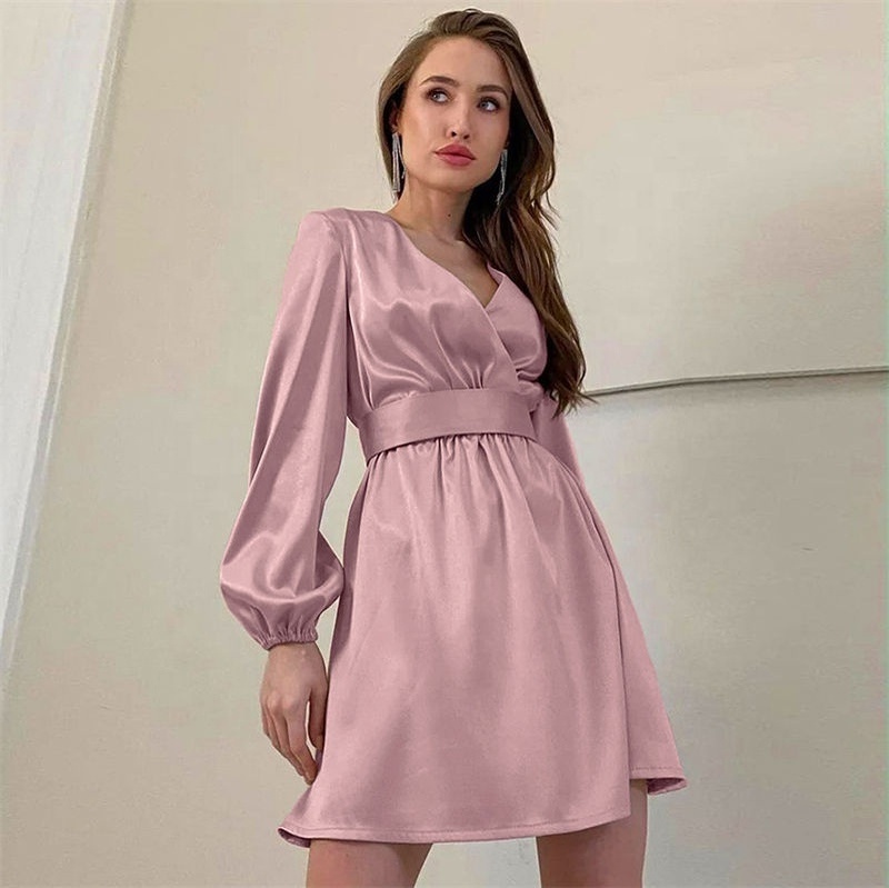 New satin dress sexy V-neck elegant A-line skirt satin casual dresses imitation silk pink mini satin dress French