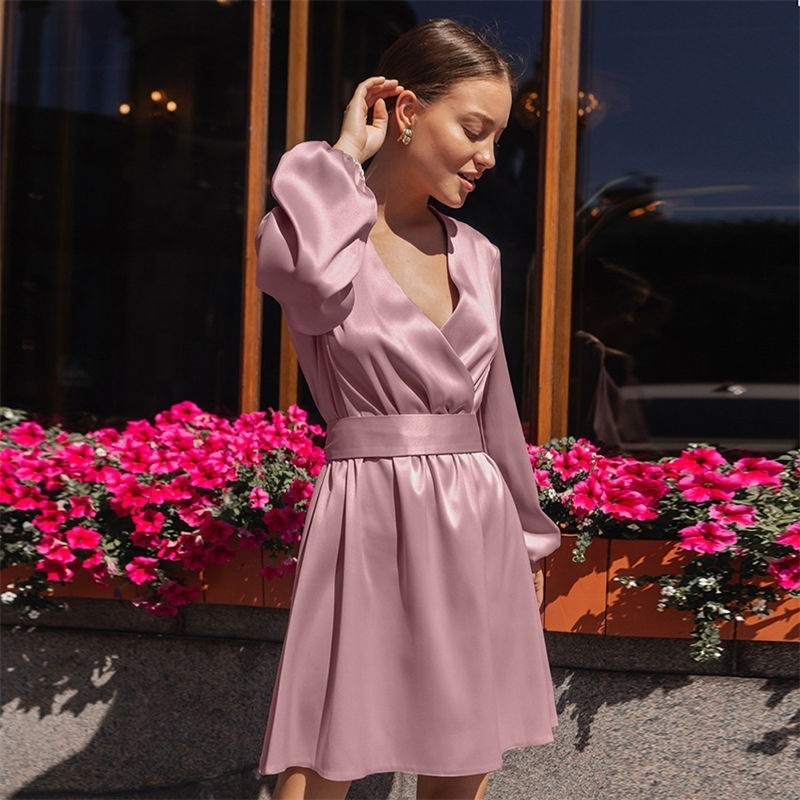 New satin dress sexy V-neck elegant A-line skirt satin casual dresses imitation silk pink mini satin dress French