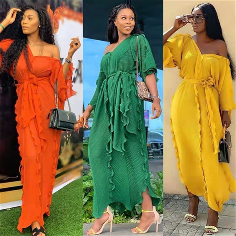 African Women Dress Turkey Wear Sexy Dress V-neck Loose Elegant Summer Pleated Ruffle Chiffon Maxi Dress