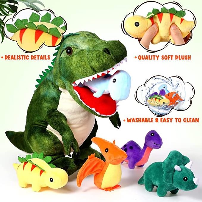 OEM/ODM Plush T-Rex Dinosaur Plush Stuffed Animal with Cute Little Dinosaurs in Tummy Carrier Soft Cuddly Stuffed Animal Pillow