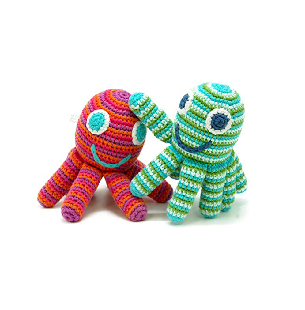 Handmade Octopus Baby Rattle Green Striped Ocean Beach Coastal Crochet Baby Toy