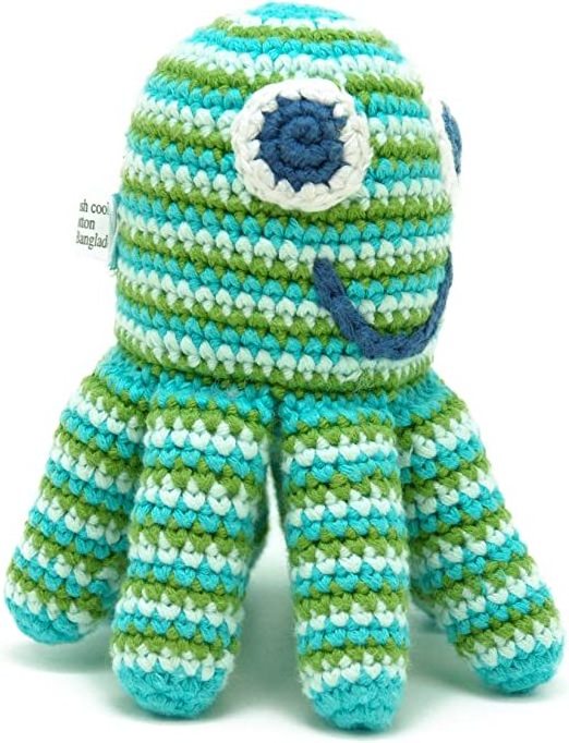 Handmade Octopus Baby Rattle Green Striped Ocean Beach Coastal Crochet Baby Toy