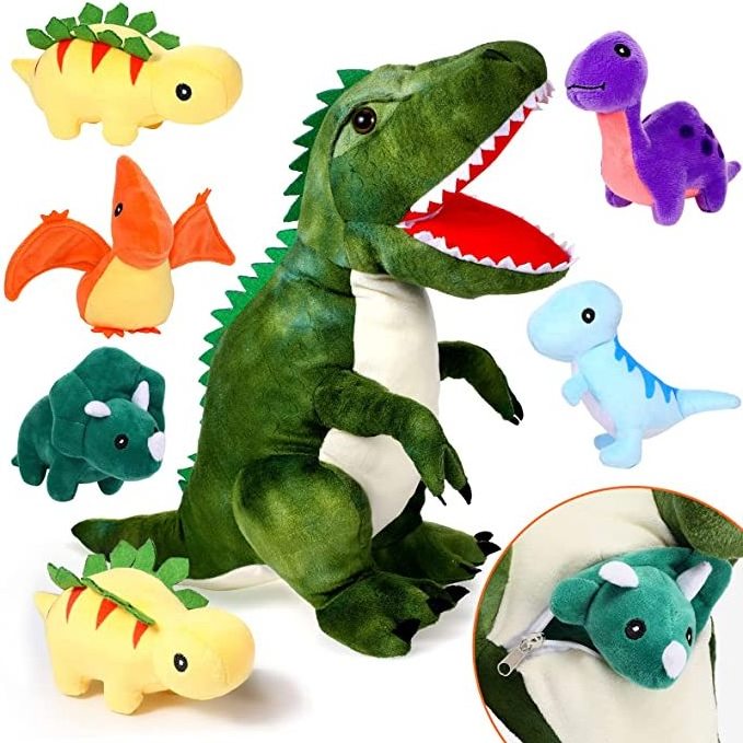 OEM/ODM Plush T-Rex Dinosaur Plush Stuffed Animal with Cute Little Dinosaurs in Tummy Carrier Soft Cuddly Stuffed Animal Pillow