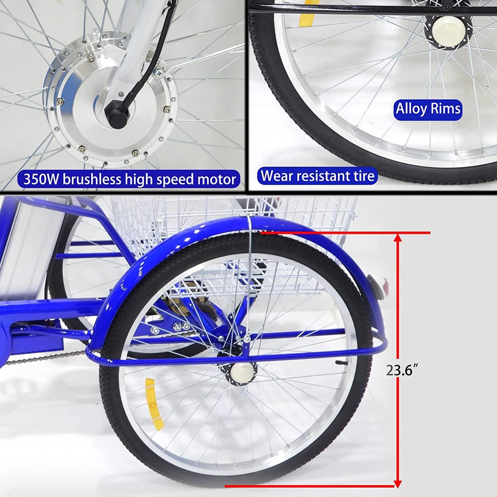 LEWEE High Quality 24 Inches Three Wheel Electric Bike 350W 36V 12AH Battery Adult Bicycles Fat Tire 3 Wheel Electric Tricycle