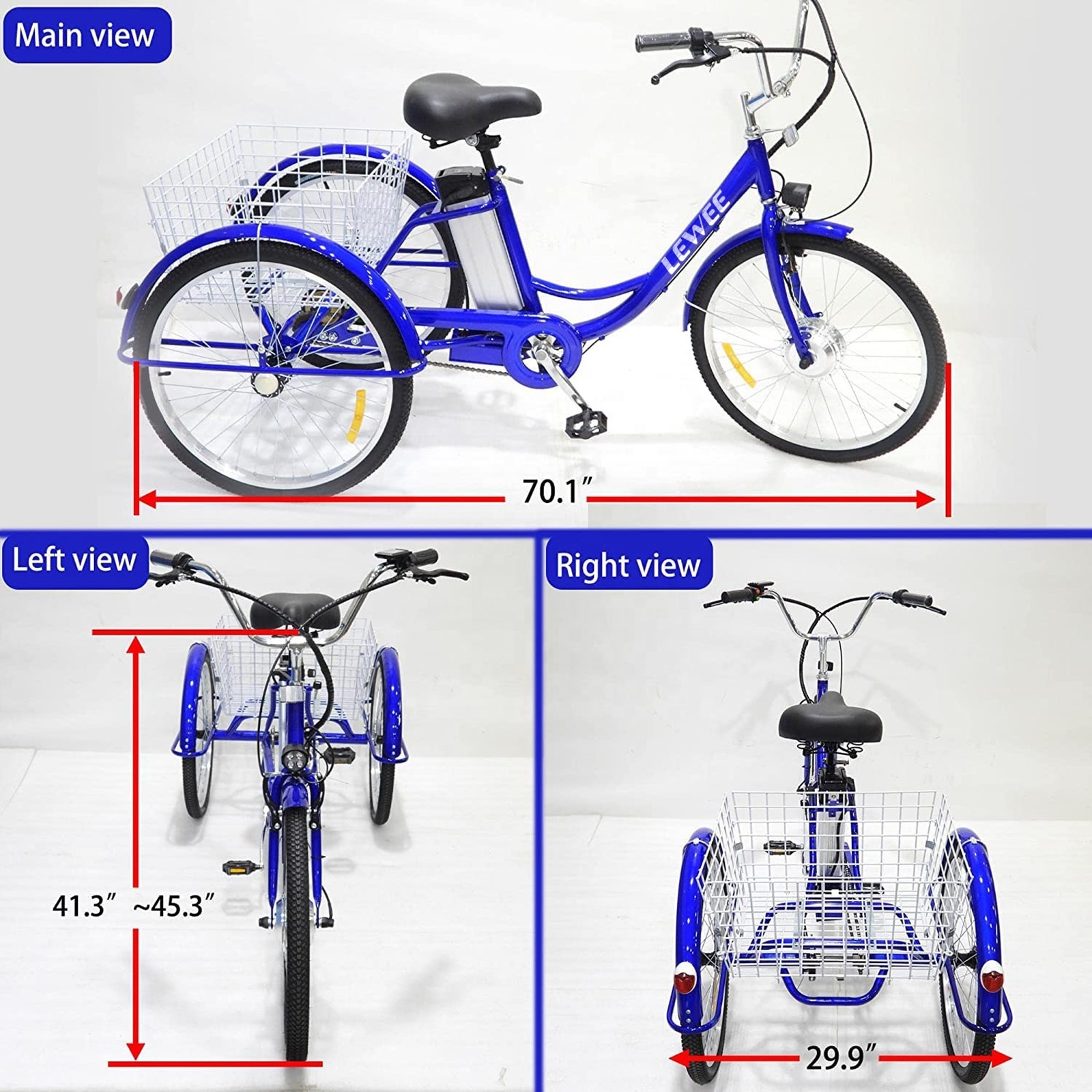 LEWEE High Quality 24 Inches Three Wheel Electric Bike 350W 36V 12AH Battery Adult Bicycles Fat Tire 3 Wheel Electric Tricycle