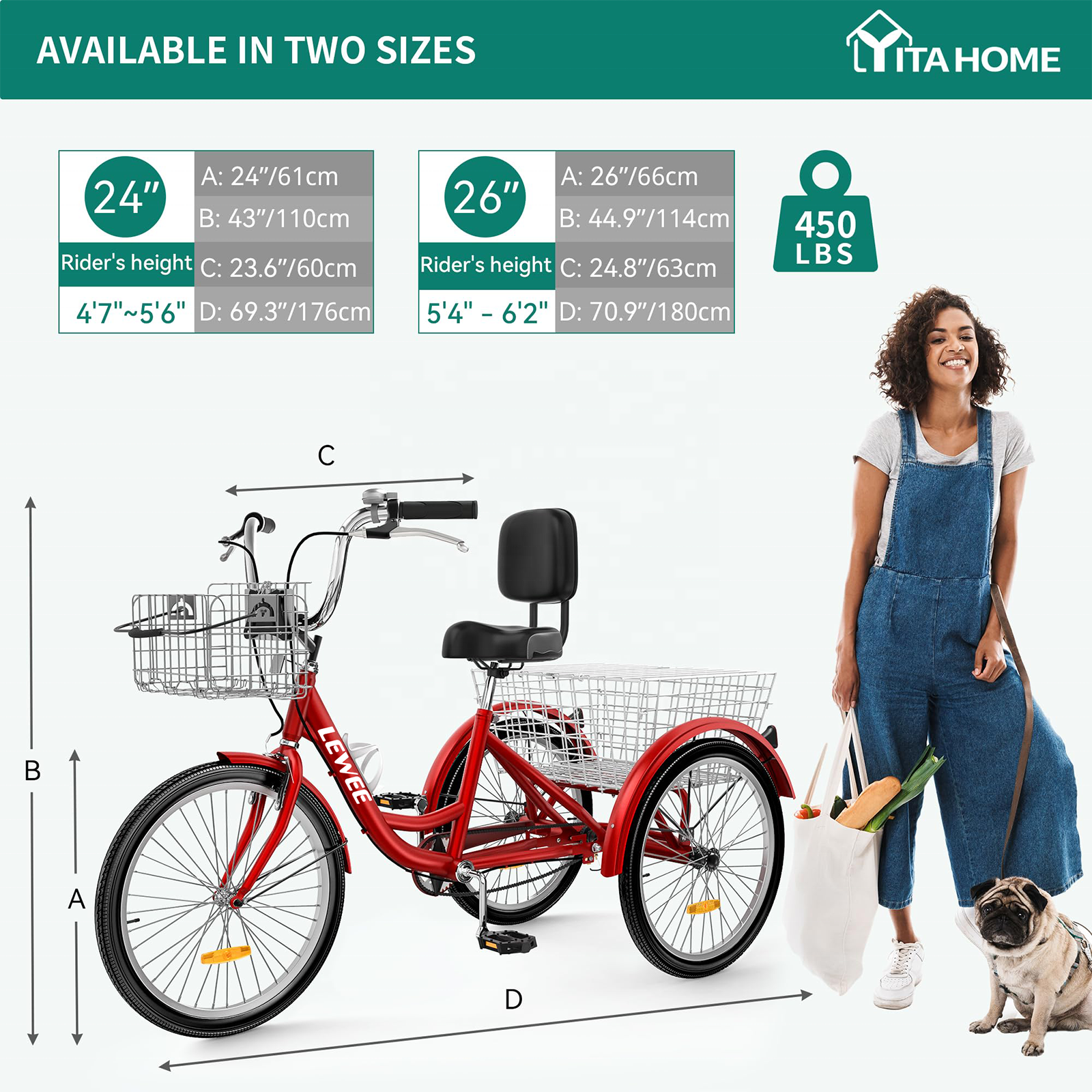 LEWEE 24inch 26inch 3 Wheel Bikes Single Speed With Removable Baskets Cheap Tricycle With Cargo Cruiser Bike For Seniors