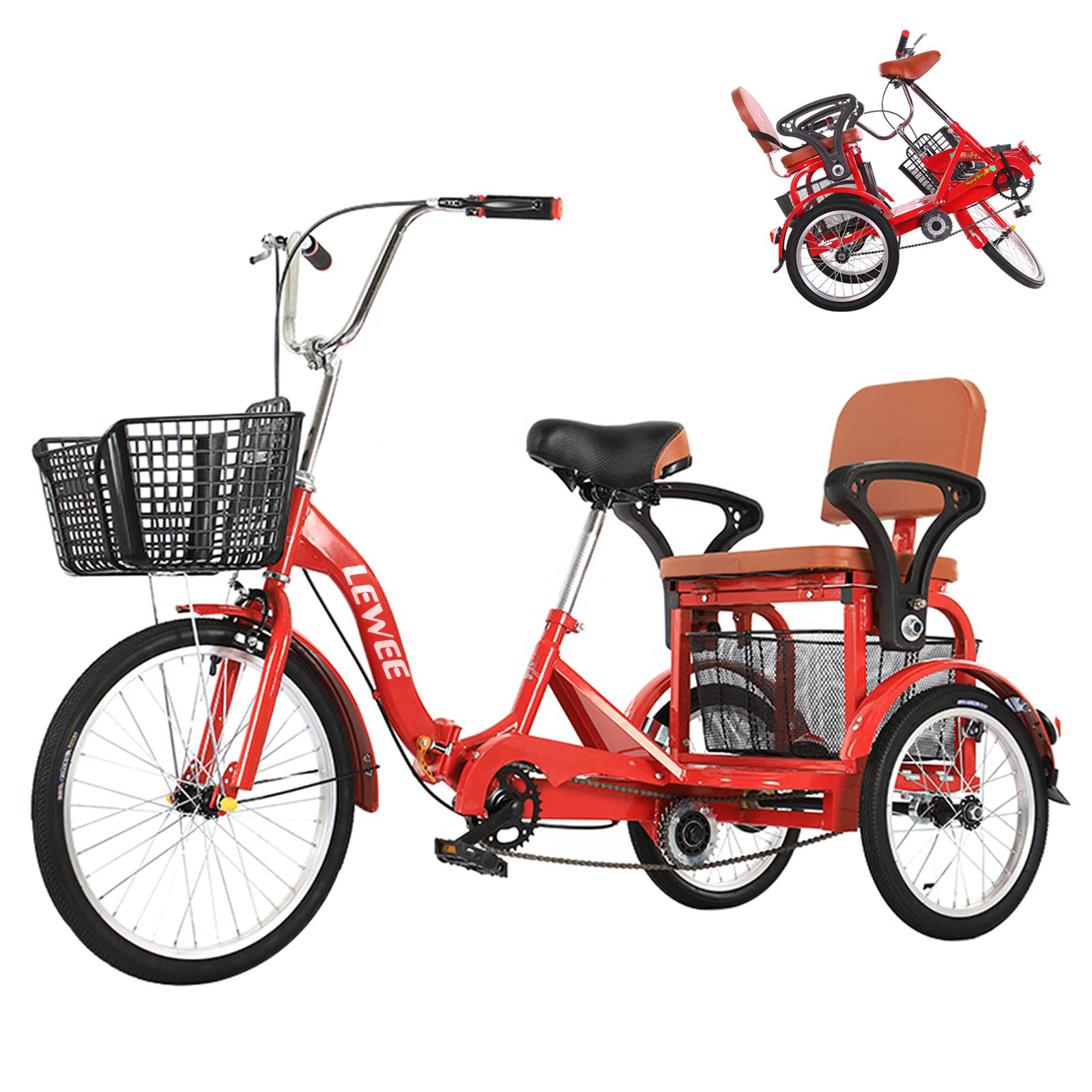 LEWEE New Design Wholesale Tricycle Adult Folding 3 Wheel Bikes Elderly Cruises Trike Bike With Shopping Basket and Back Seat