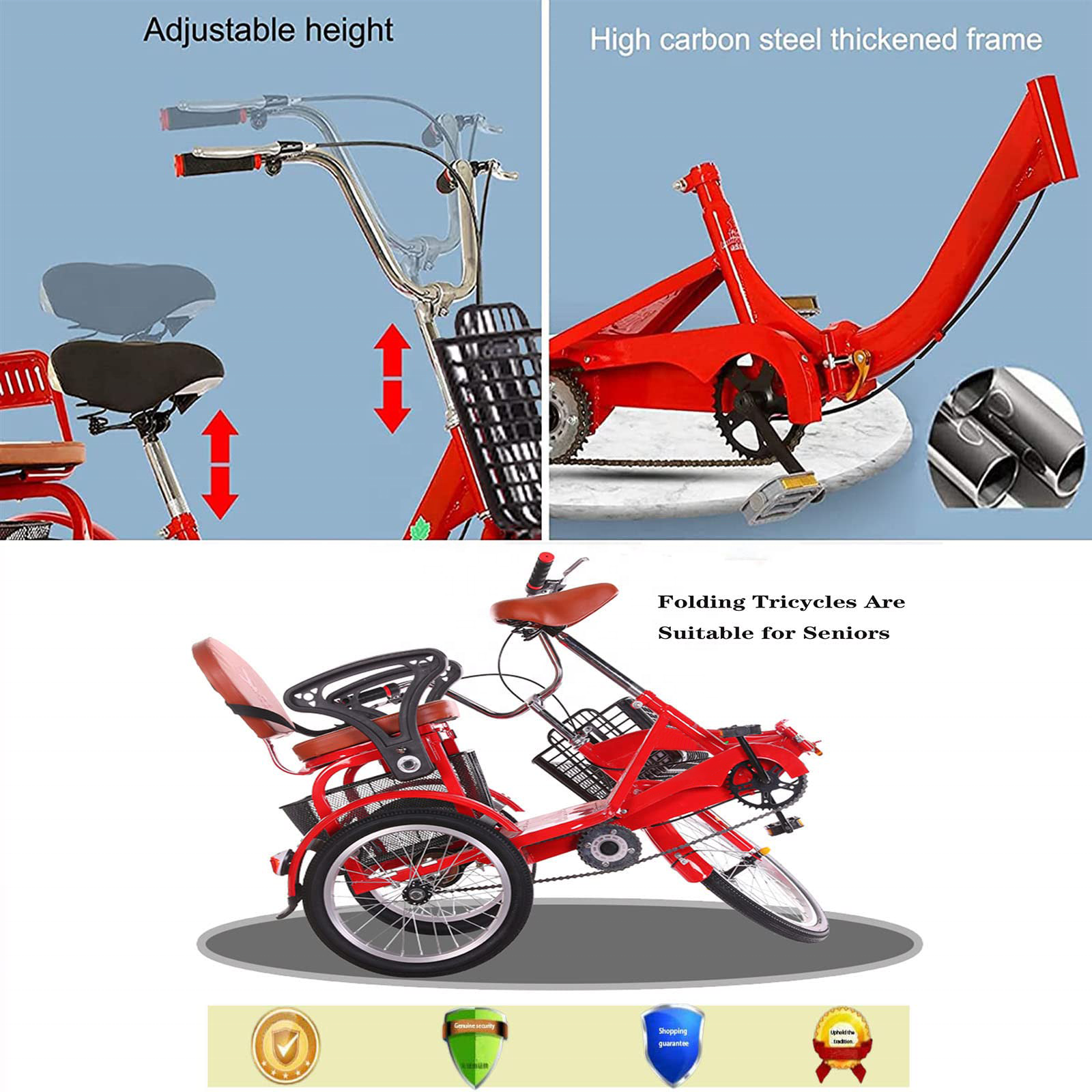 LEWEE New Design Wholesale Tricycle Adult Folding 3 Wheel Bikes Elderly Cruises Trike Bike With Shopping Basket and Back Seat