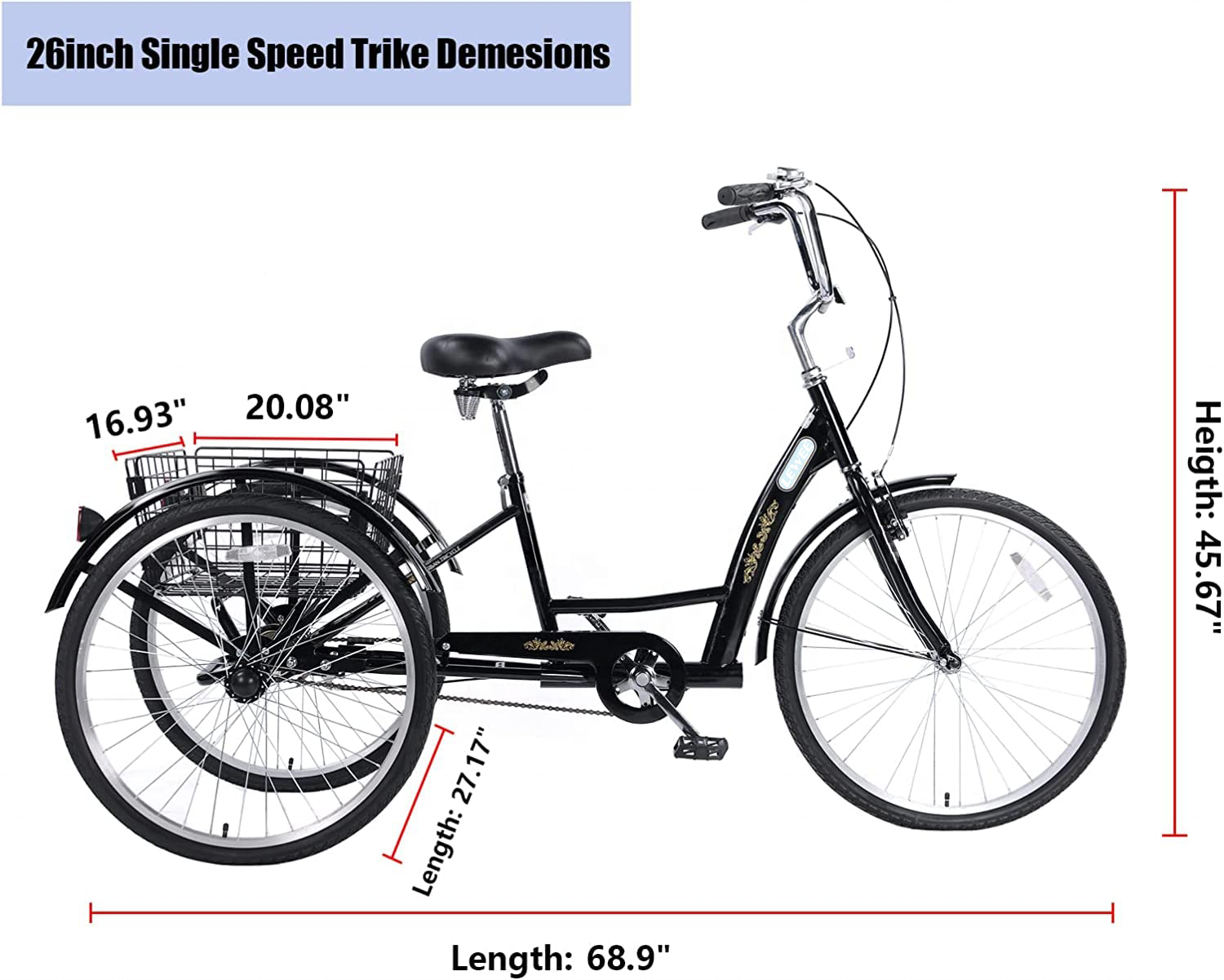 LEWEE 26 inch Tricycle Single Speed Steel Frame 3 Wheel Bicycle With Large Capacity Basket Low-Step Multi-Colors For Women Men