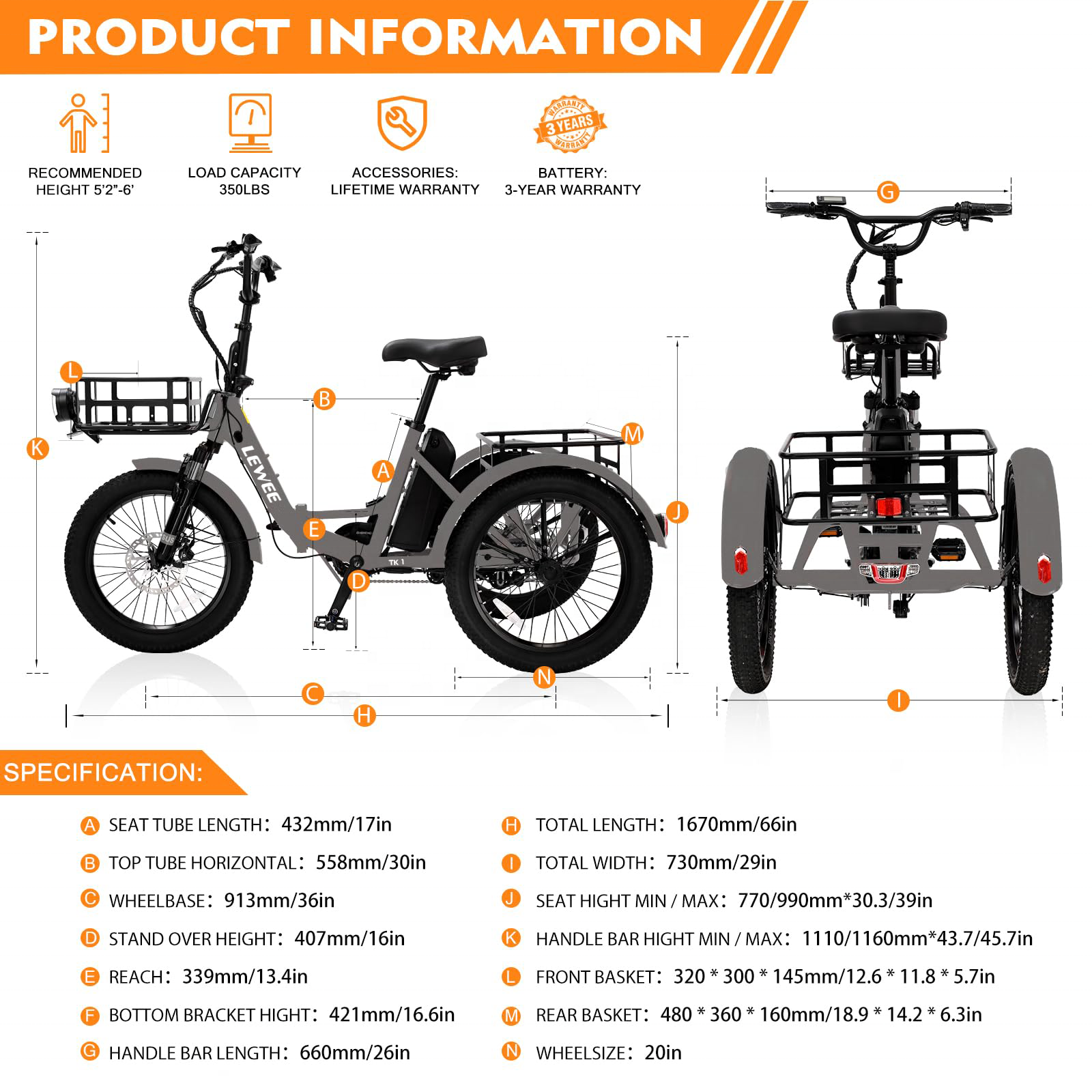 LEWEE Wholesale Electric Tricycle 7 Speeds Electric Trike 500W 48V Three Wheel Adult Bicycle Motorized Tricycle Customized Bike