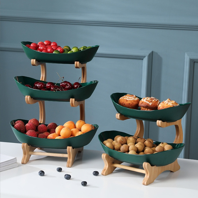 Household Wooden Racks 3 Layers Food Container Dish Pottery Plastic Plate for Salad Vegetable Fruits Nuts Snacks