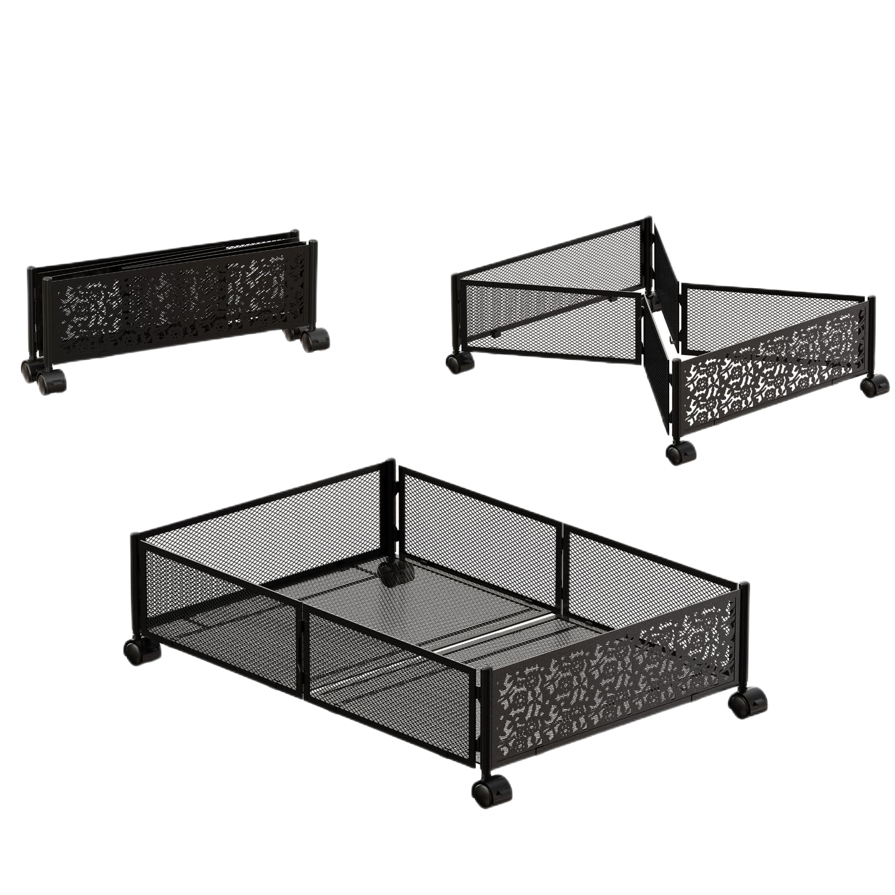 Foldable High Quality Black Metal Under Bed Storage Rolling Cart With Wheels