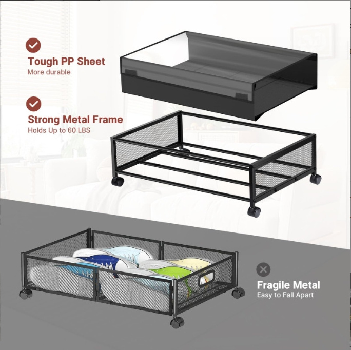 Foldable Metal storage underbed Under Bed Shoe Storage Drawers Cart Container Organizer with Wheel