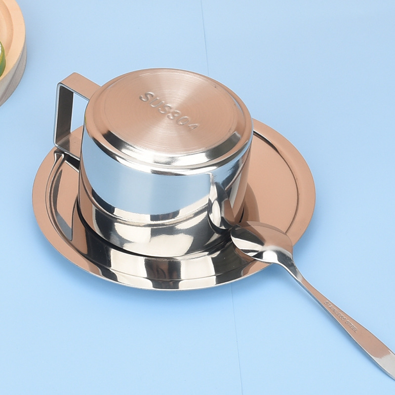 high quality polished stainless steel double wall tea cup 2024 new style set with spoon and saucer