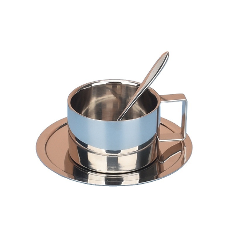 high quality polished stainless steel double wall tea cup 2024 new style set with spoon and saucer