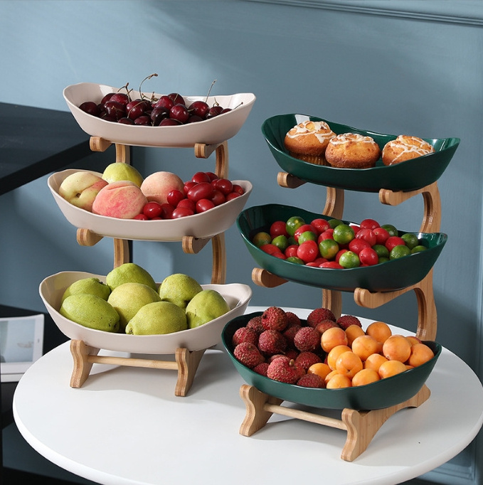 Household Wooden Racks 3 Layers Food Container Dish Pottery Plastic Plate for Salad Vegetable Fruits Nuts Snacks