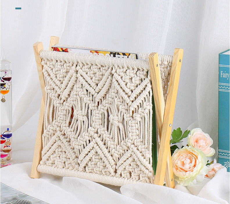 Cotton rope Macrame Magazine Boho Swaddle Storage Holder Standing Basket Rack for Books Newspapers