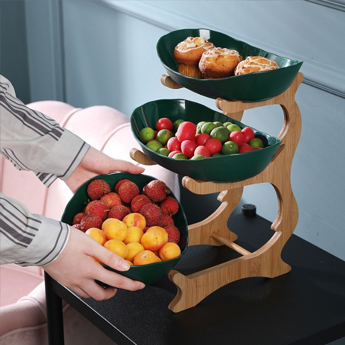 Household Wooden Racks 3 Layers Food Container Dish Pottery Plastic Plate for Salad Vegetable Fruits Nuts Snacks