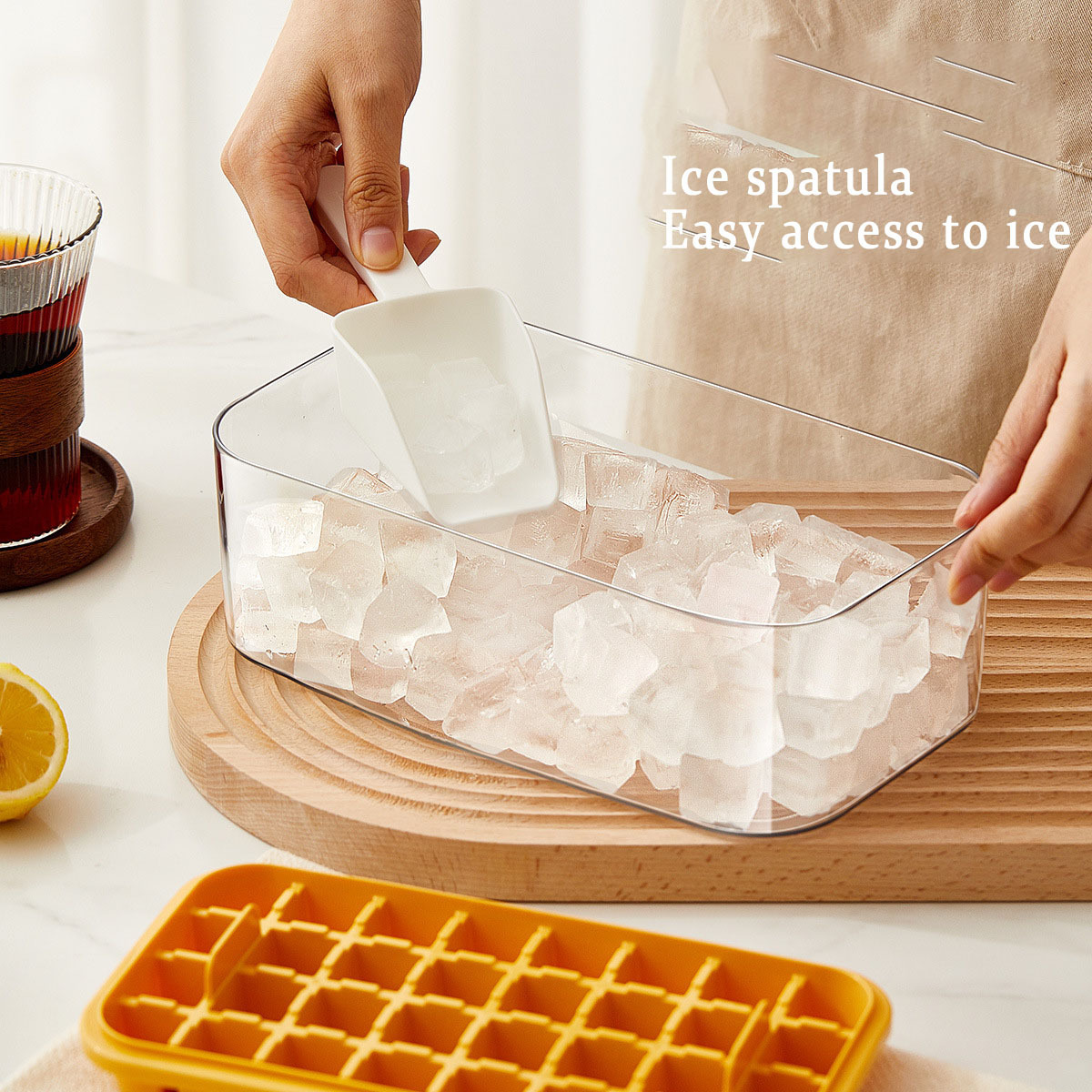 Silicone Ice Cube Mold with Lid Stackable Ice Tray Box Storage Container with Cover Scoop Press Ice Cube Tray Plastic Square