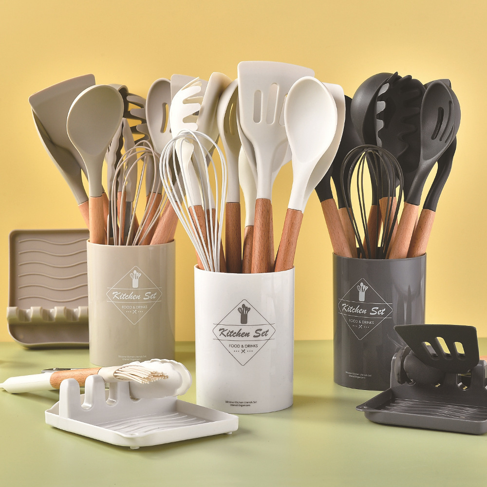 high quality 12 pcs white black silicone wooden handle kitchen cooking utensil set full range kitchen accessories