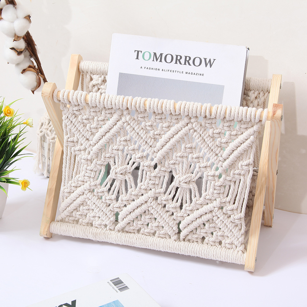 Cotton rope Macrame Magazine Boho Swaddle Storage Holder Standing Basket Rack for Books Newspapers