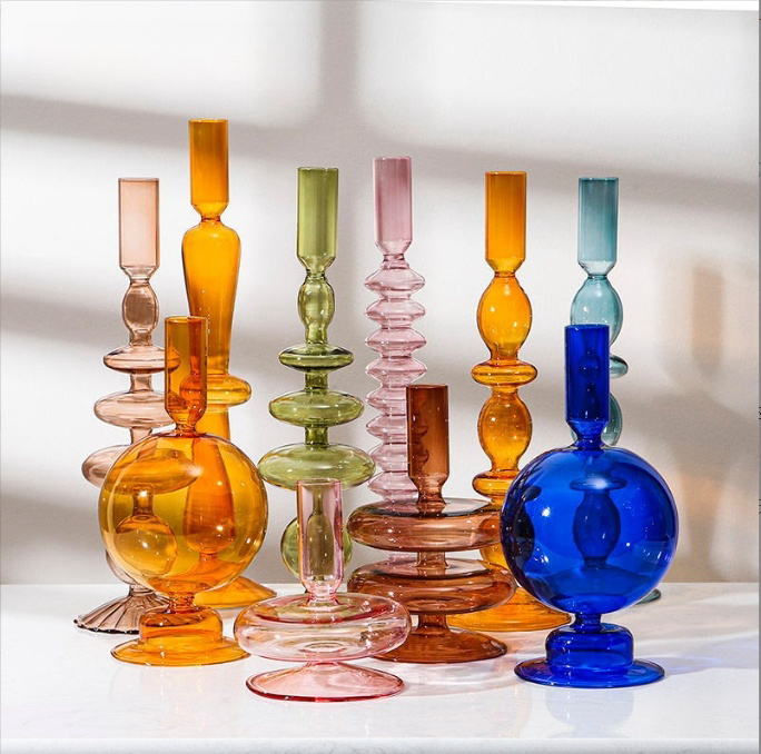 Borosilicate Hand Blown Clear Colored Tall Candlestick For Wedding Home Glass Candle Stick Holder