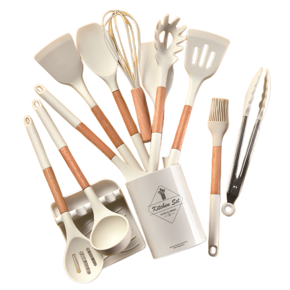 high quality 12 pcs white black silicone wooden handle kitchen cooking utensil set full range kitchen accessories