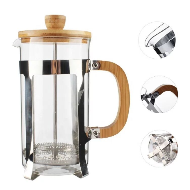 French pressure pot coffee pot tea maker stainless steel bamboo glass inner container bamboo cover filter pot French tea maker