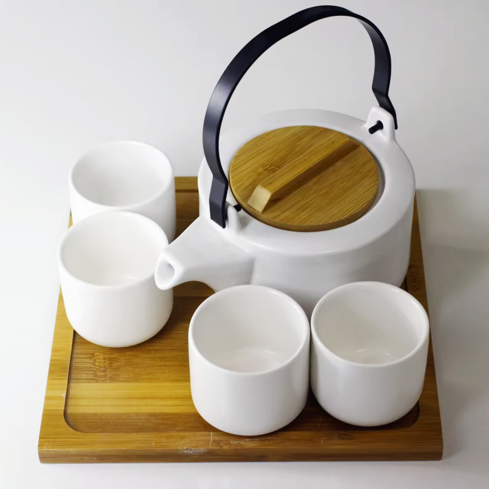 Ceramic Tea Pot Set  With Wooden Tray wholesale Color decal  For Daily Use Office Tea house