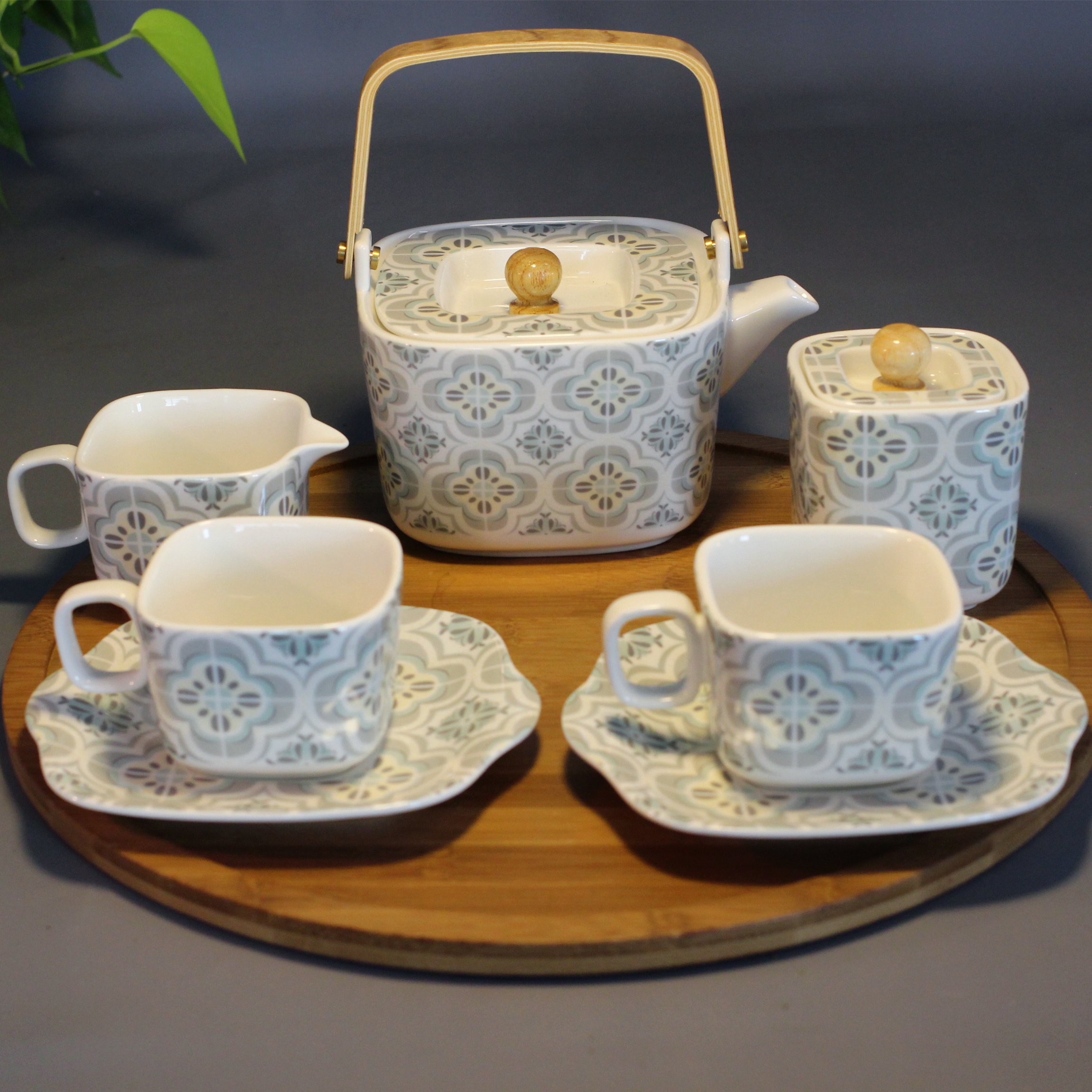 Bohemia Design Style Square Porcelain Tea Coffee set Ceramic Tea Pot With Wooden Tray For Tea Coffee