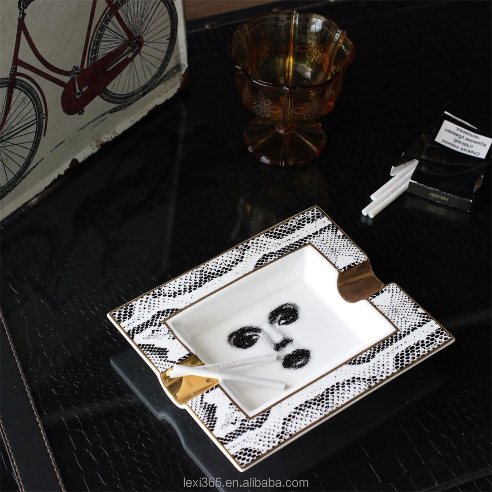 Rectangle Black and White glod white ceramic cigar ashtray embossment design elegant custom  porcelain ashtray for Business Gift