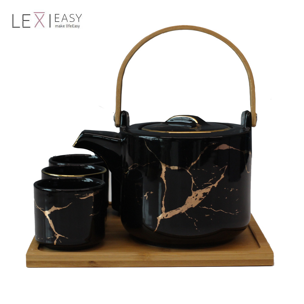 Marble Ceramic Tea Service Set Large Modern 27 OZ Tea Pot with Wooden Tray 4 OZ Tea Cups Set