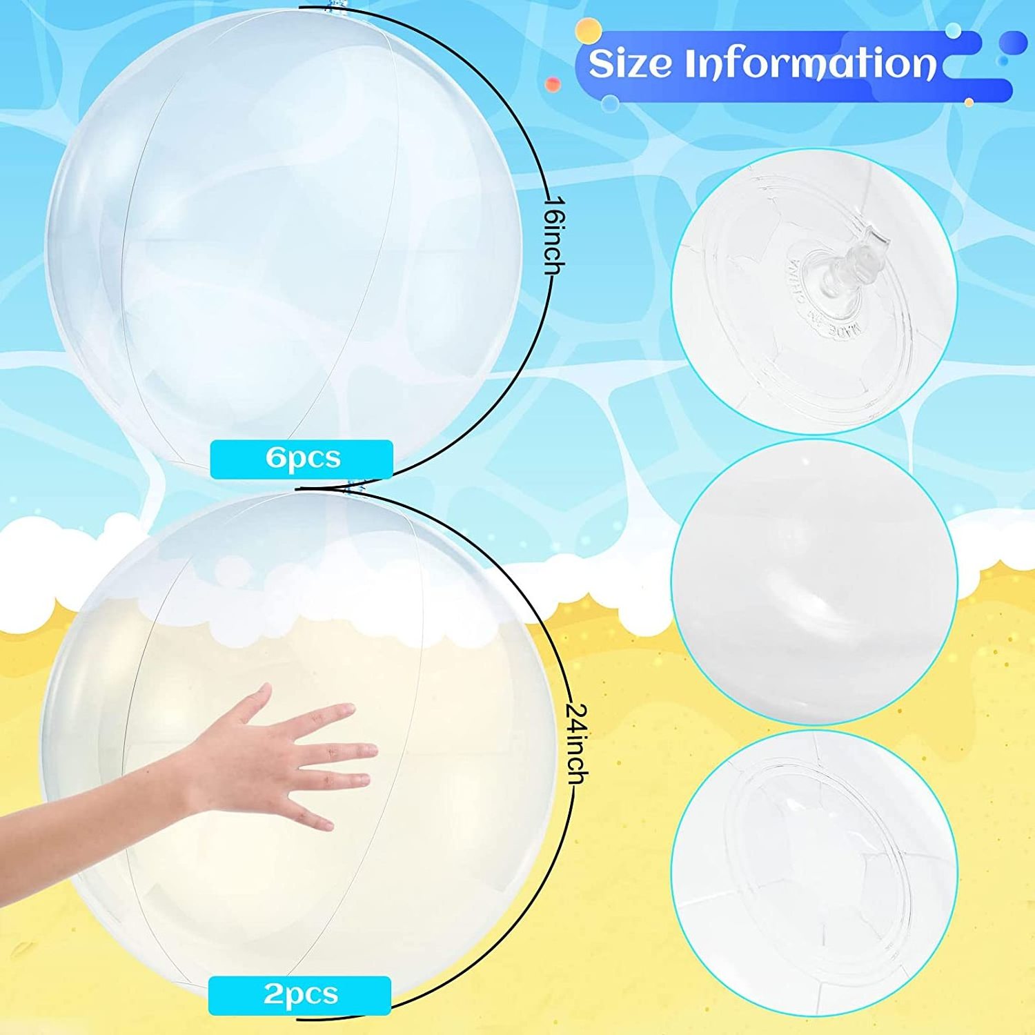 Inflatable Clear Beach Ball Promo Balloons Transparent Swimming Pool Party Ball for Summer Beach and Party Favor, 16, 24 Inches