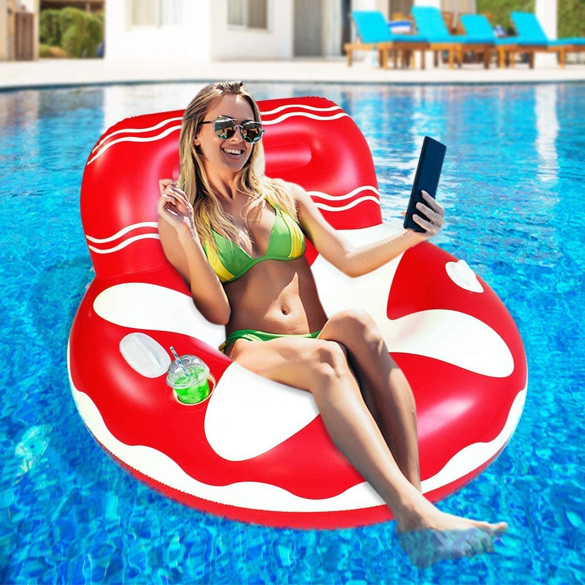 Adult Kids Inflatable Hammock Pool Lounger Float Rafts with Two Handle and a Big Cup Holder for Swimming Pool River Summer Party